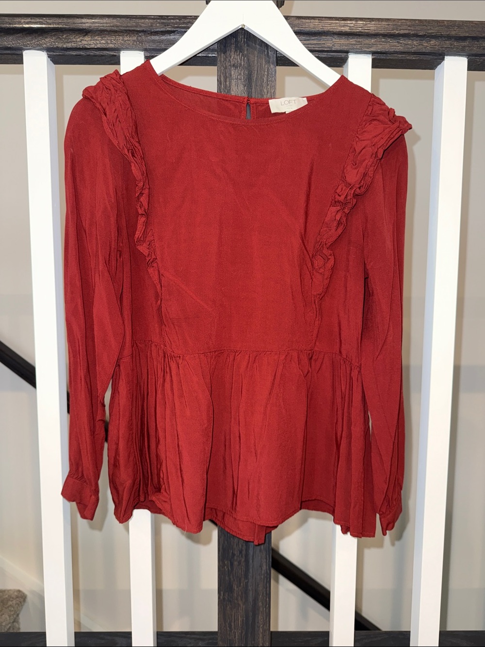 LOFT Women's Ruffle-Trim Long Sleeve Top in Rust